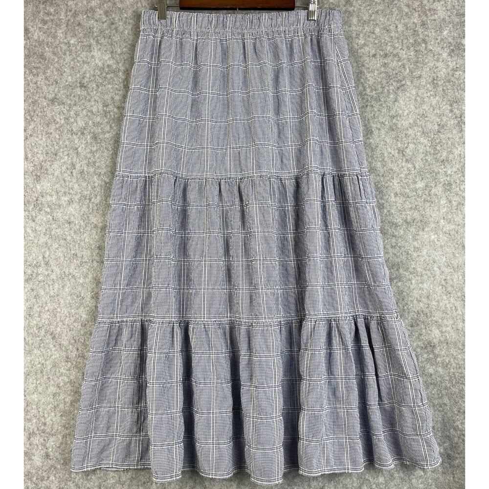 Max Studio Tiered Maxi Skirt Womens Large Blue Plaid Pull On Cottagecore Boho